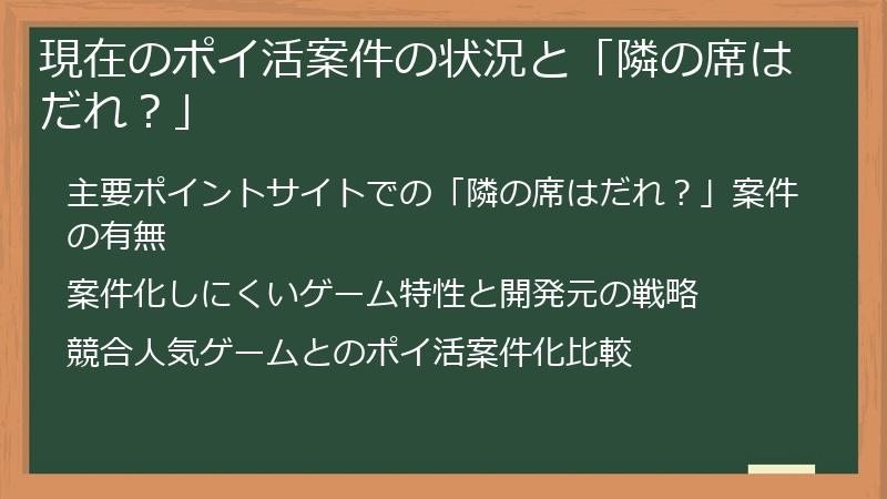 現在のポイ活案件の状況と「隣の席はだれ？」