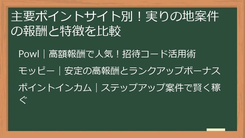 主要ポイントサイト別！実りの地案件の報酬と特徴を比較