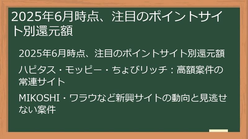 2025年6月時点、注目のポイントサイト別還元額