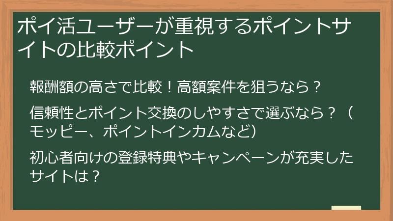 ポイ活ユーザーが重視するポイントサイトの比較ポイント
