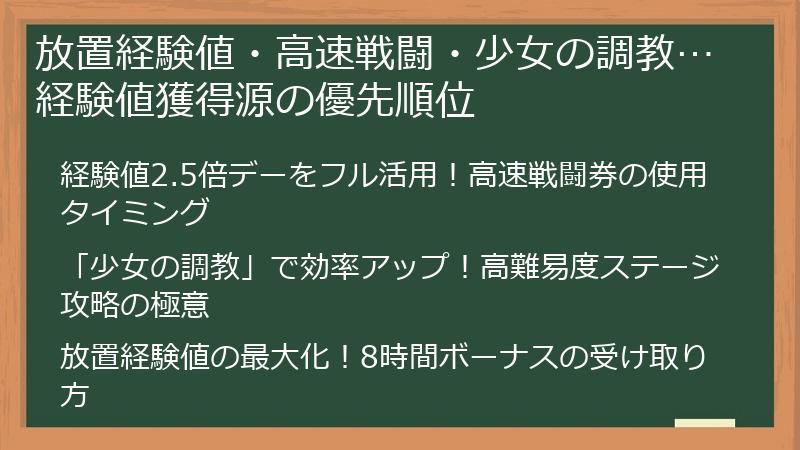 放置経験値・高速戦闘・少女の調教…経験値獲得源の優先順位