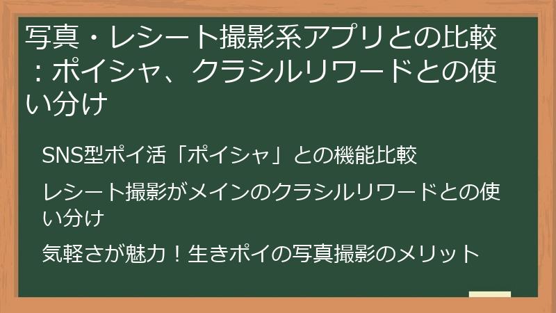 写真・レシート撮影系アプリとの比較：ポイシャ、クラシルリワードとの使い分け