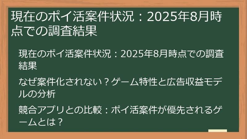 現在のポイ活案件状況：2025年8月時点での調査結果