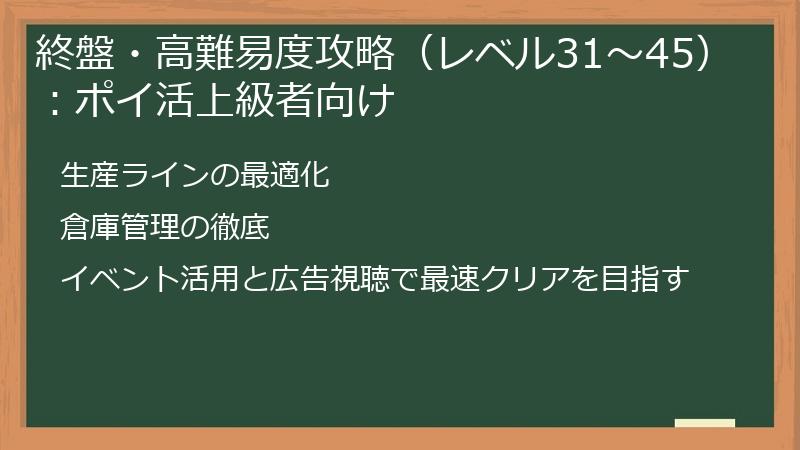 終盤・高難易度攻略（レベル31～45）：ポイ活上級者向け