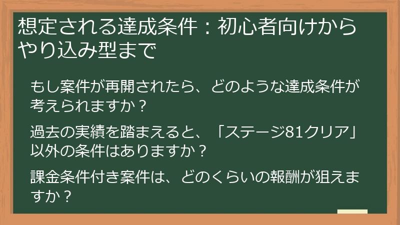 想定される達成条件：初心者向けからやり込み型まで