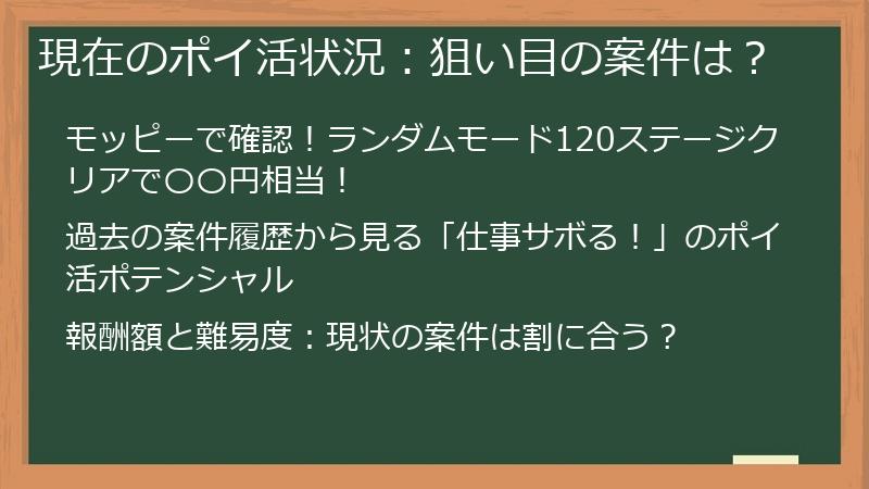 現在のポイ活状況：狙い目の案件は？