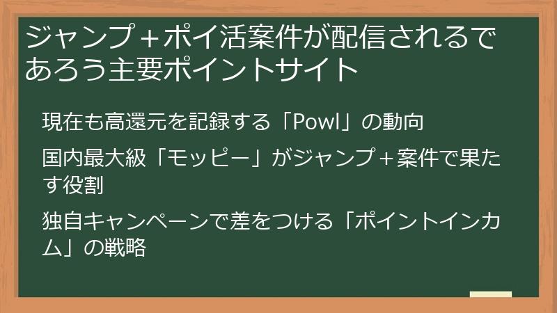 ジャンプ＋ポイ活案件が配信されるであろう主要ポイントサイト