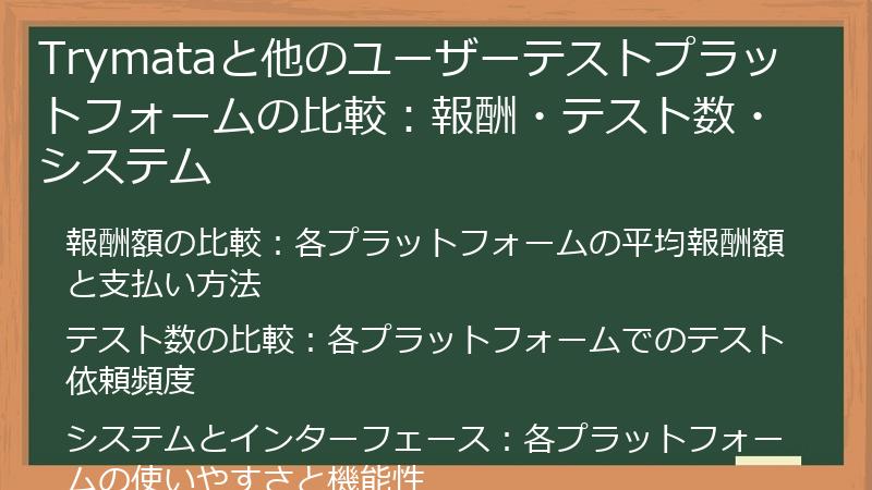 Trymataと他のユーザーテストプラットフォームの比較:報酬・テスト数・システム