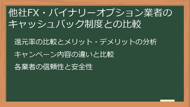 他社FX・バイナリーオプション業者のキャッシュバック制度との比較
